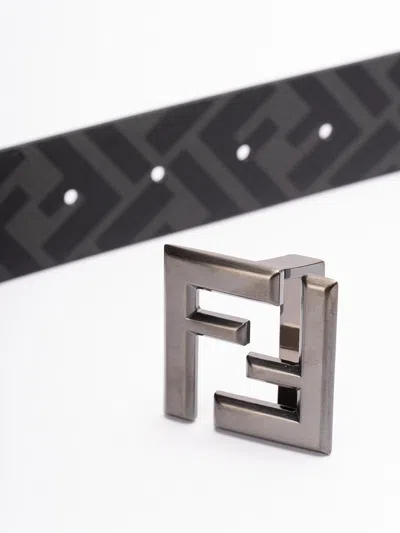 Fendi Men's Ff Squared Leather And Canvas Reversible Belt In Black