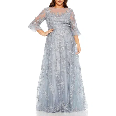 Mac Duggal Plus High Neck Flutter Sleeve Embellished A-line Gown In Gray