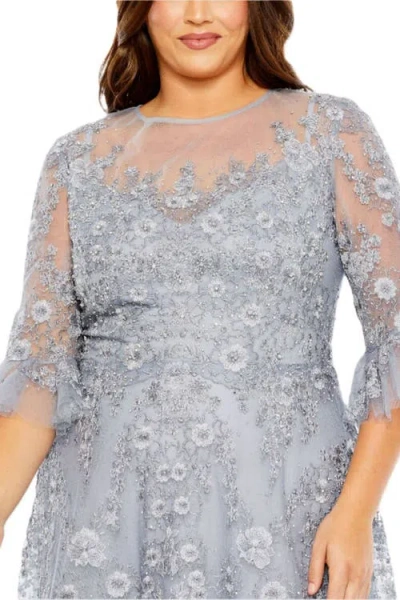 Mac Duggal Plus High Neck Flutter Sleeve Embellished A-line Gown In Gray