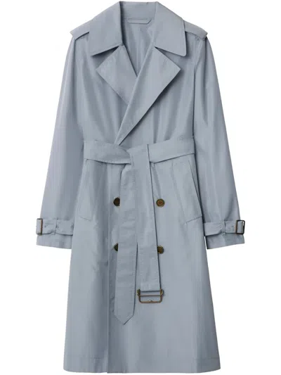 Burberry Silk Poplin Long Trench Coat In Blue