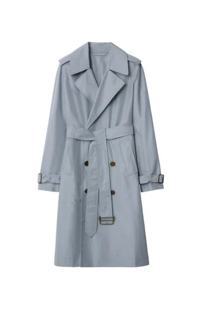 Burberry Silk Poplin Long Trench Coat In Blue