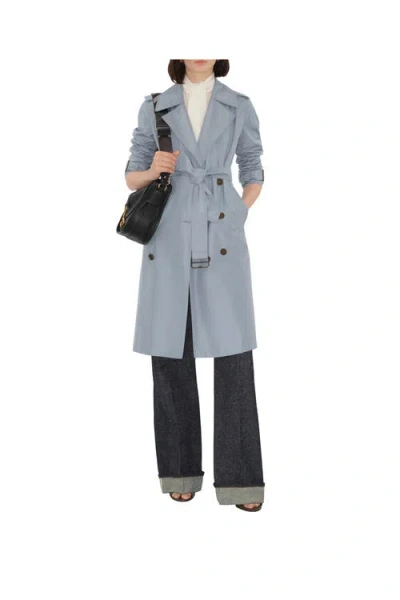 Burberry Silk Poplin Long Trench Coat In Blue