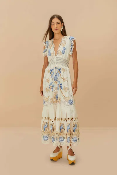 Farm Rio Active Off-white Romantic Richelieu Lenzing Ecovero Euroflax Maxi Dress In Off-white