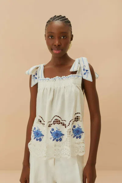 Farm Rio Active White Daisy Embroidery Lenzing Ecovero Euroflax Blouse
