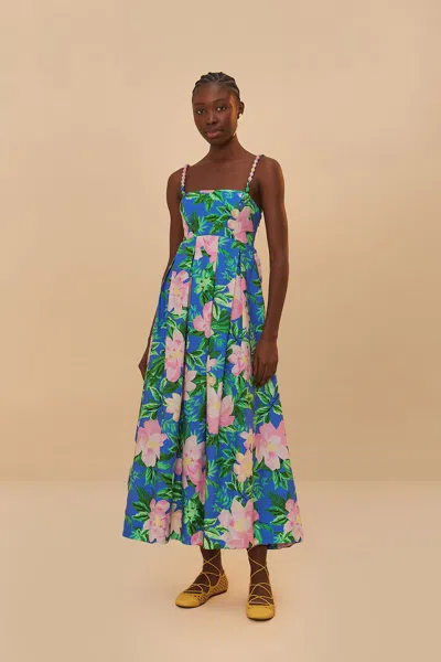 Farm Rio Active Blue Painted Flowers Organic Cotton Midi Dress In Painted Flowers Blue