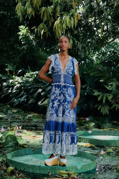 Farm Rio Active Blue Romantic Richelieu Lenzing Ecovero Euroflax Maxi Dress In Blue