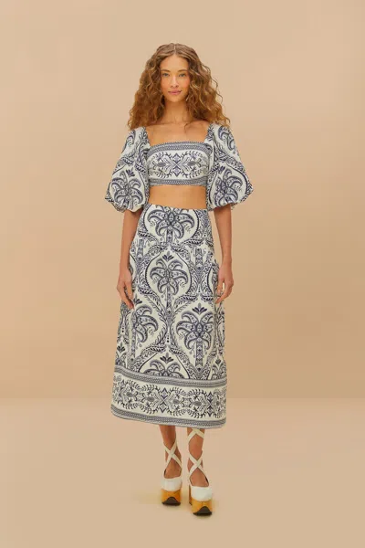 Farm Rio Active Off-white Tropical Cameo Euroflax Premium Linen Midi Skirt