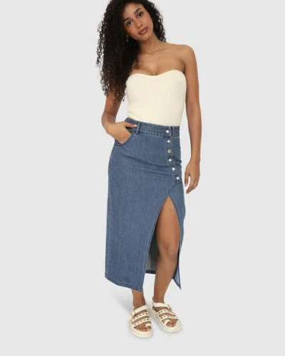 Belle & Bloom Can't Forget You Denim Midi Skirt In Mid Wash
