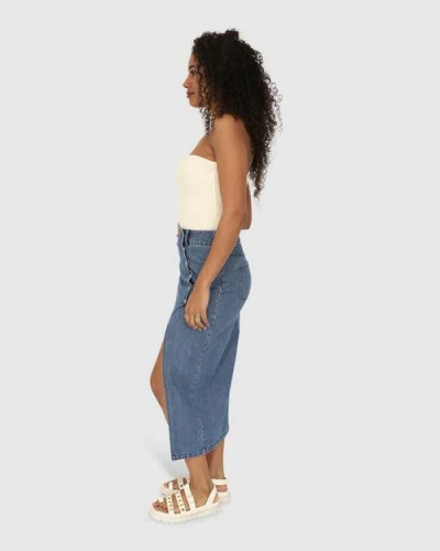 Belle & Bloom Can't Forget You Denim Midi Skirt In Mid Wash