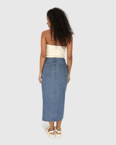 Belle & Bloom Can't Forget You Denim Midi Skirt In Mid Wash