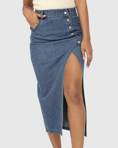 Belle & Bloom Can't Forget You Denim Midi Skirt In Mid Wash