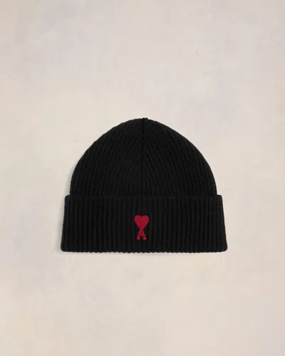 Ami Alexandre Mattiussi Black Beanie With Turn-up Brim And Adc Embroidery On The Front In Wool Man In Black/red