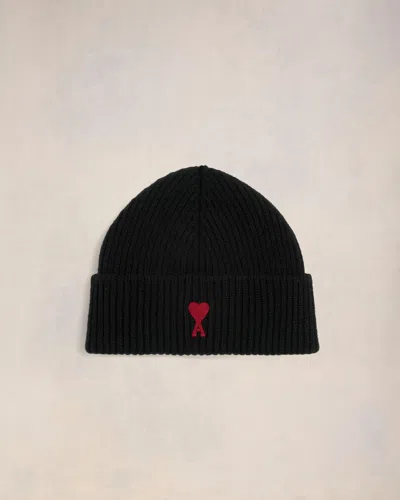 Ami Alexandre Mattiussi Black Beanie With Turn-up Brim And Adc Embroidery On The Front In Wool Man In Black/red
