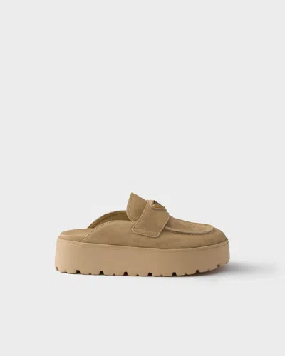 Prada Suede Flatform Mules In Ecru