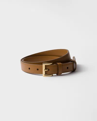 Prada Saffiano Leather Belt With Enameled Triangle Logo Accessories In Caramel
