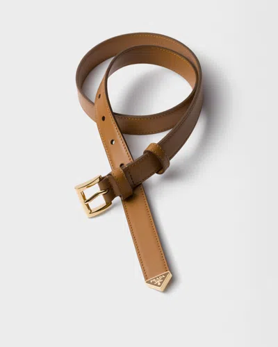 Prada Saffiano Leather Belt With Enameled Triangle Logo Accessories In Caramel