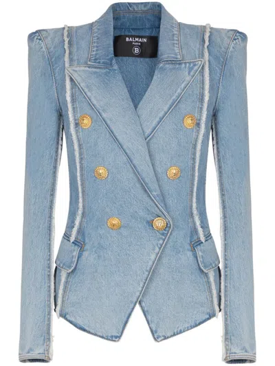 Balmain Tailored Jacket With Peak Lapels And Frayed Edges In Bleu Clair