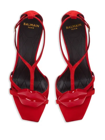 Balmain Heel Sandals With Patent Lips Detail In Rouge