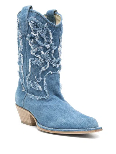 Vic Matie Denim 505 Texan Ankle Boots In Blue Denim In Sea Blue