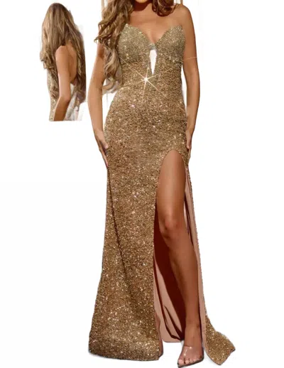 Jovani Strapless Sequin Gown In Gold In Gold
