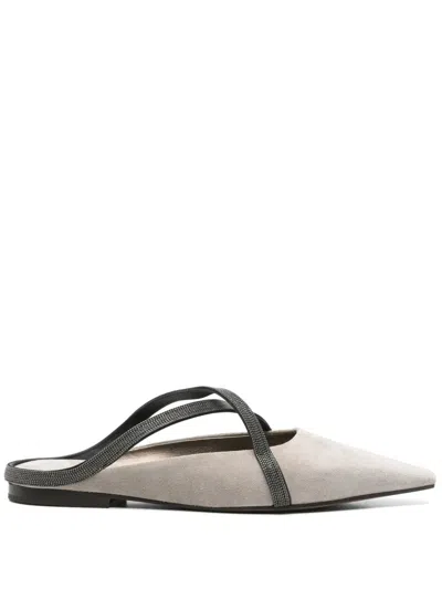 Brunello Cucinelli Square Pointed Ballet Flat With Cross Strap In Gray