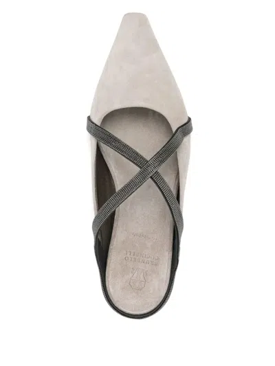 Brunello Cucinelli Square Pointed Ballet Flat With Cross Strap In Gray
