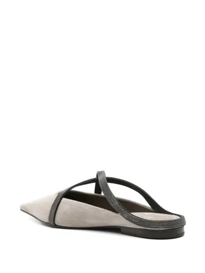 Brunello Cucinelli Square Pointed Ballet Flat With Cross Strap In Gray