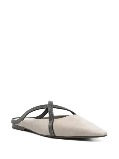 Brunello Cucinelli Square Pointed Ballet Flat With Cross Strap In Gray
