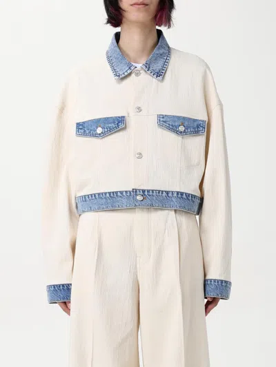 Moschino Beige & Blue Textured Cotton Hemp Jacket In Beige