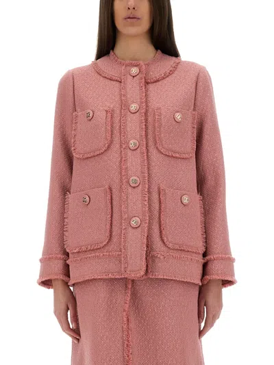Dolce & Gabbana 'rachel' Blazer With Textured Fabric And Fringed Edges In Pink