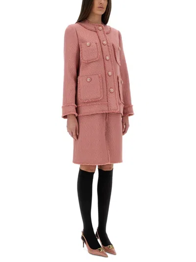 Dolce & Gabbana 'rachel' Blazer With Textured Fabric And Fringed Edges In Pink