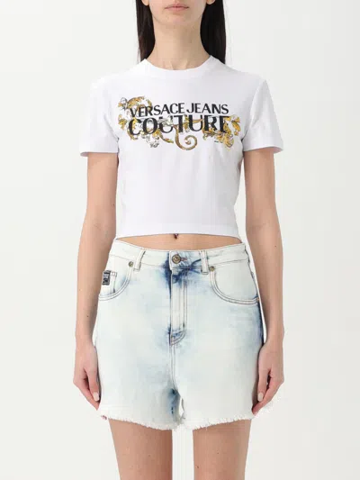 Versace Jeans Couture T-shirt With Crystals "outline Baroque" In White