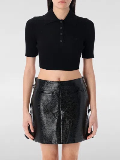 Courrèges Logo Patch Ribbed-knit Cropped Polo Top In Black
