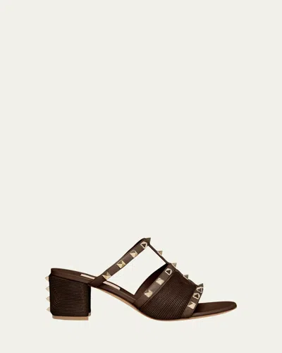 Valentino Rockstud Raffia Block-heel Slide Sandals In Fondant