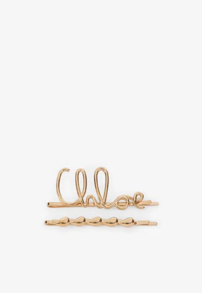 Chloé Set Of 2 Hair Clips "iconic" In Gold
