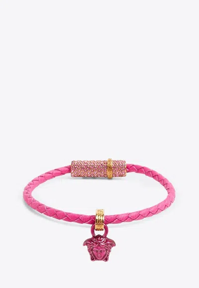 Versace Leather Crystal-embellished Bracelet In Pink