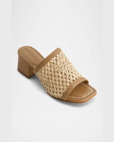 Bernardo Jenne Low Block Heel Sandal In Sand / Palha Antique Calf/woven Raffia