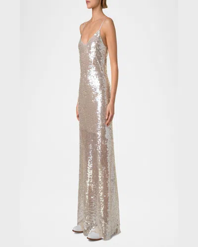 Akris Sleeveless Sequin Gown In Greige