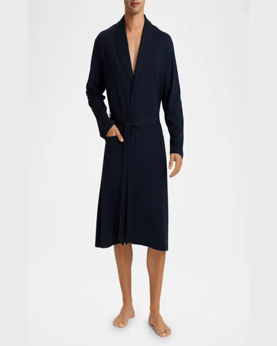 Hanro Night And Day Shawl Collar Cotton Robe 120cm In Deep Navy