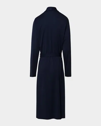 Hanro Night And Day Shawl Collar Cotton Robe 120cm In Deep Navy