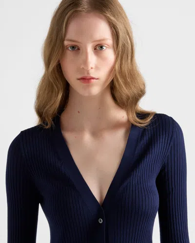 Prada Fitted Long-sleeve Ribbed Cardigan In Blau