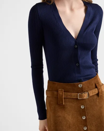 Prada Fitted Long-sleeve Ribbed Cardigan In Blau
