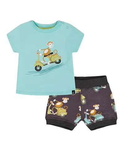 Deux Par Deux Boys' Two-piece Top And Short Set - Little Kid In Monkey On Navy And Turquoise Moped
