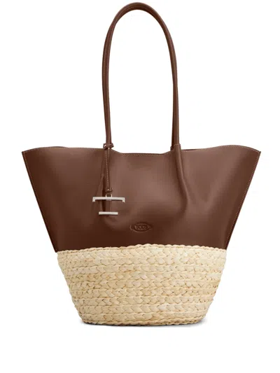 Tod's Chocolate Brown Raffia Shopping Bag In Brown