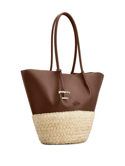 Tod's Chocolate Brown Raffia Shopping Bag In Brown