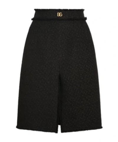 Dolce & Gabbana Raschel Tweed Midi Skirt With Central Slit And Dg Logo In Black