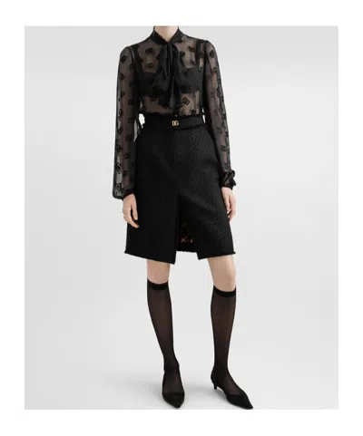 Dolce & Gabbana Raschel Tweed Midi Skirt With Central Slit And Dg Logo In Black