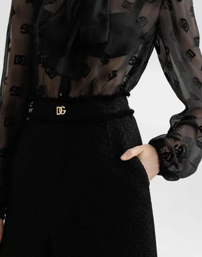 Dolce & Gabbana Raschel Tweed Midi Skirt With Central Slit And Dg Logo In Black