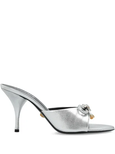 Versace Opera Bow 85 Metallic Leather Mules In Silver