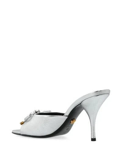 Versace Opera Bow 85 Metallic Leather Mules In Silver
